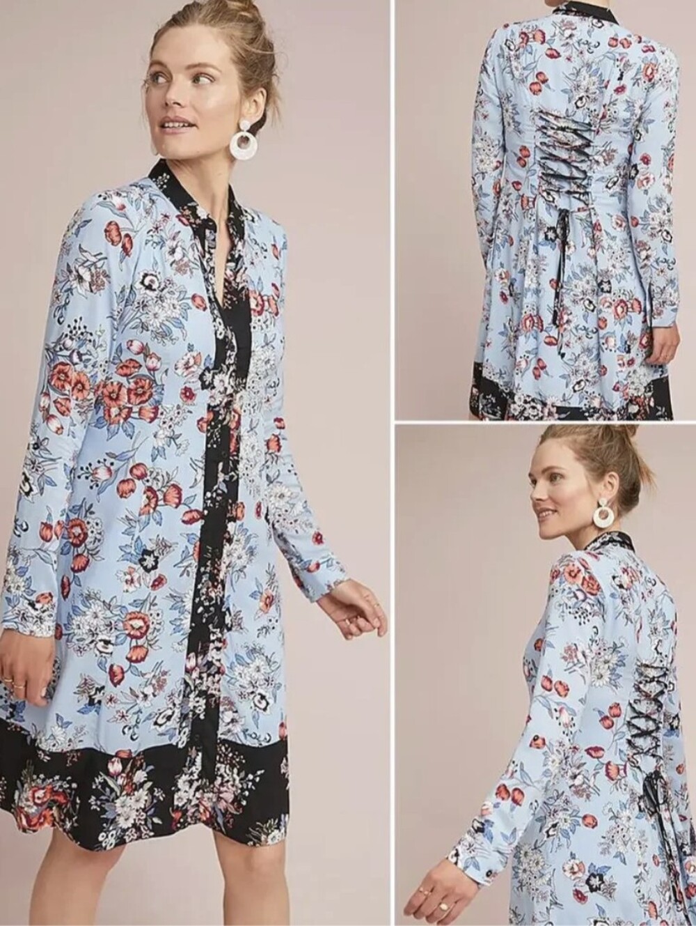 Maeve Leyster Shirt Dress Blue Floral Lace Up Back Size 12 Anthropologie